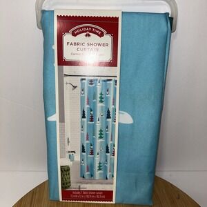 Holiday Time Christmas Fabric Shower Curtain Lt.Blue-Santa & Trees 72' x 72' NIP